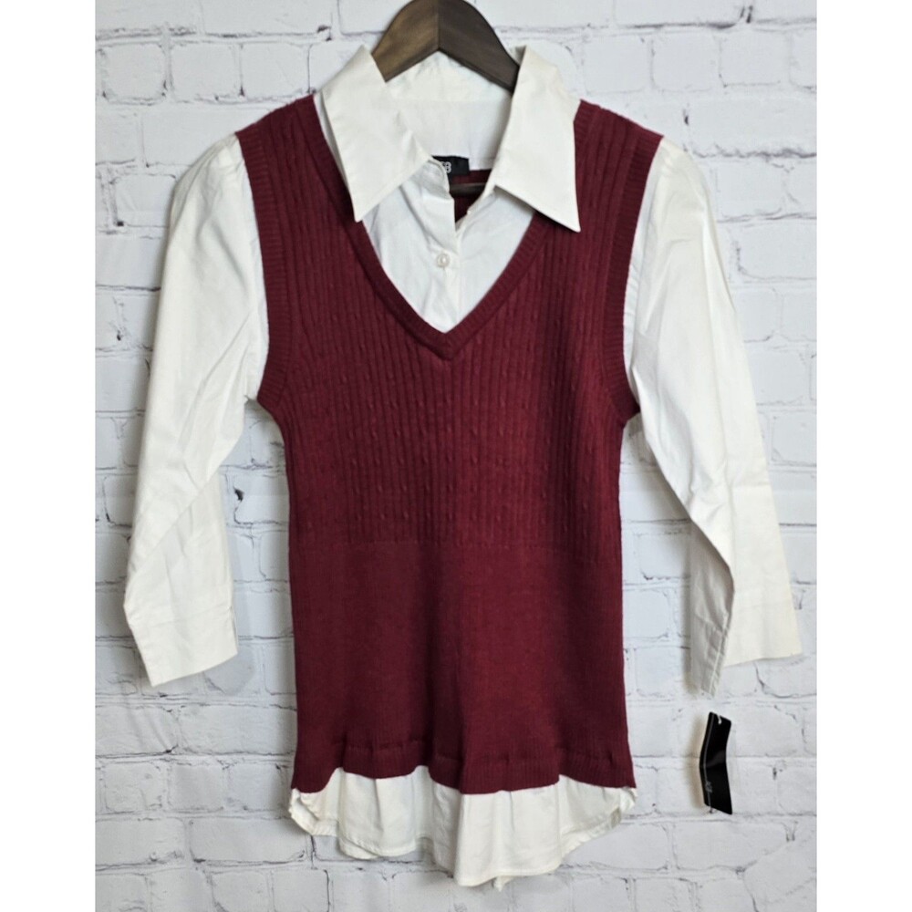 Vintage Sweater Shirt Vest Burgundy V Neck Preppy Classic Y2K Women's Size Med